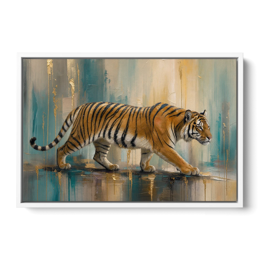 Abstract Tiger Painting with Gold Drips - White Framed Canvas Wall Art - Front