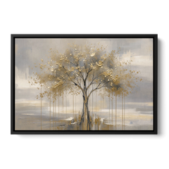 Abstract Tree Painting in Gold Leaf and Cream - Black Framed Canvas Wall Art - Front