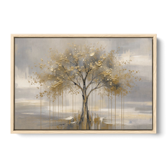Abstract Tree Painting in Gold Leaf and Cream - Oak Framed Canvas Wall Art - Front