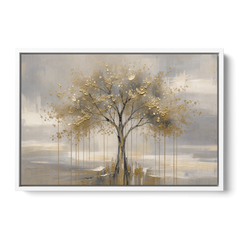 Abstract Tree Painting in Gold Leaf and Cream - White Framed Canvas Wall Art - Front