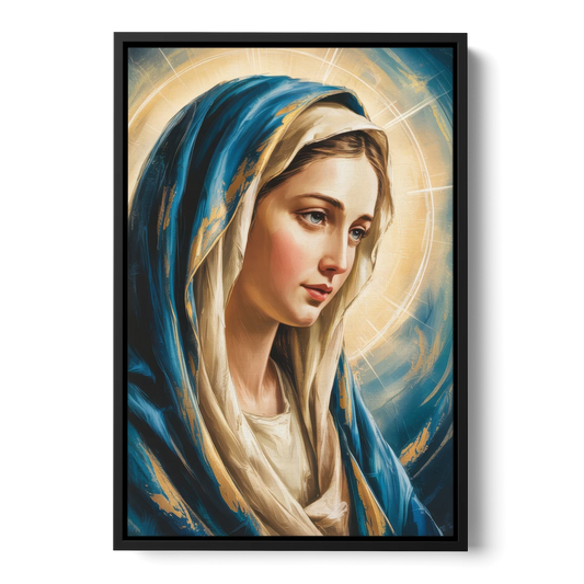 Abstract Virgin Mary Portrait - Black Framed Canvas Wall Art - Front