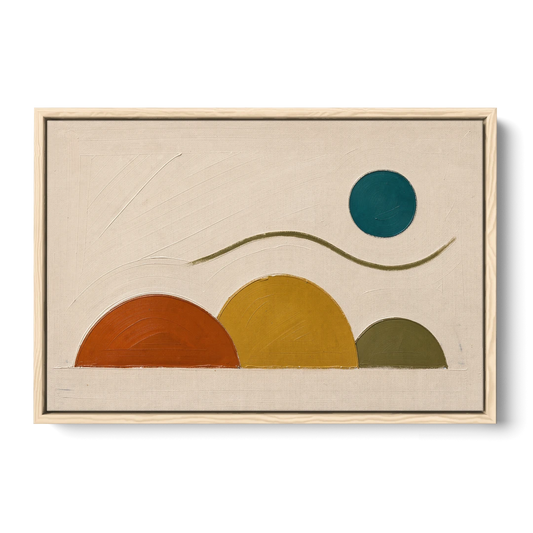 Abstract Wall Art for Living Room with Teal Sun - Oak Framed Canvas Wall Art - Front