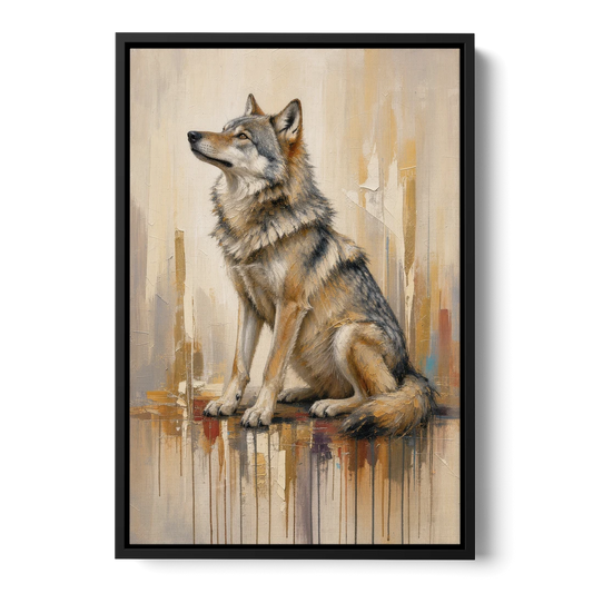 Abstract Wolf Painting in Amber and Cream - Black Framed Canvas Wall Art - Front