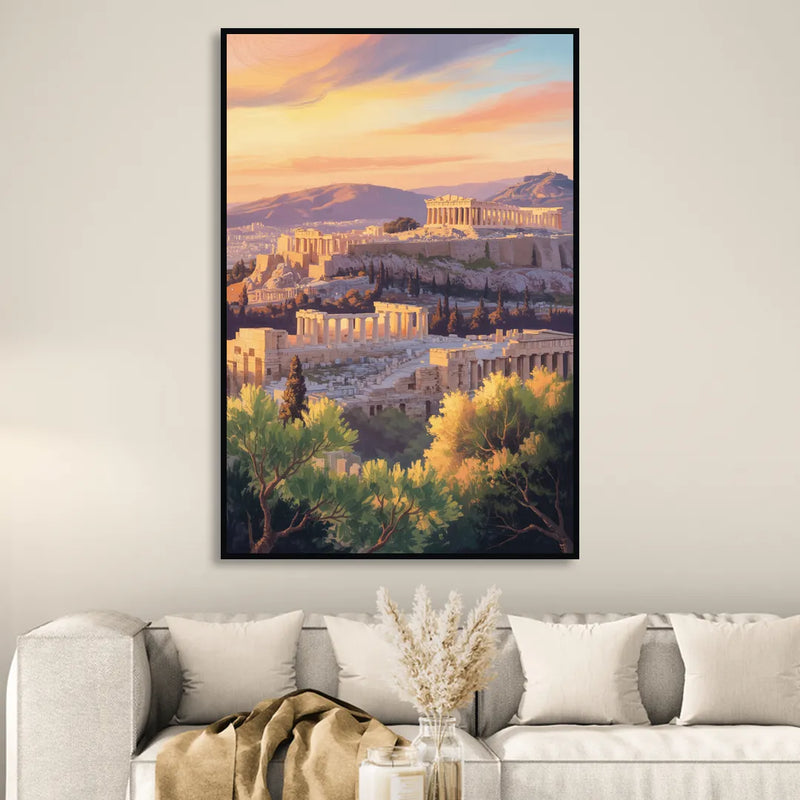 Acropolis Sunrise Sitting Room - Black Canvas Wall Art