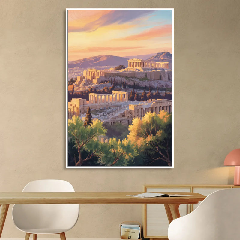 Acropolis Sunrise Living Room - White Canvas Wall Art