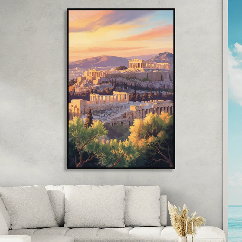 Acropolis Sunrise Living Room - Black Canvas Wall Art