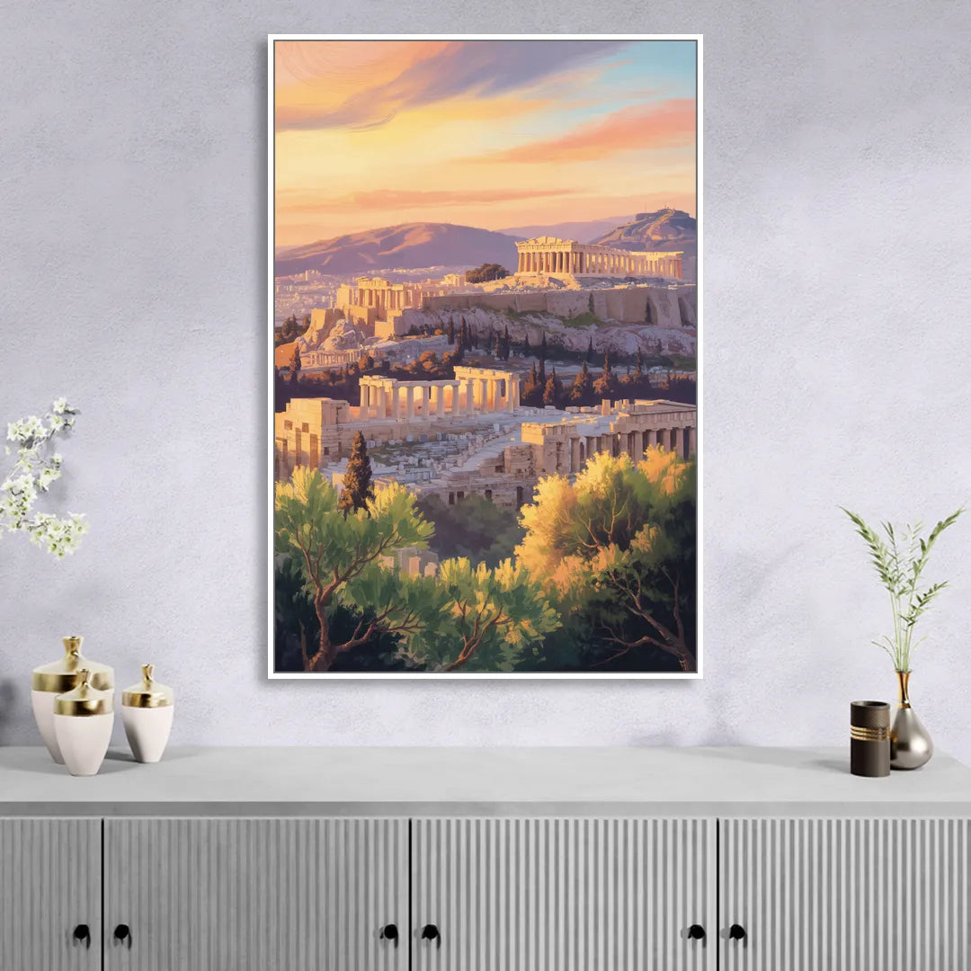 Acropolis Sunrise Sitting Room - White Canvas Wall Art