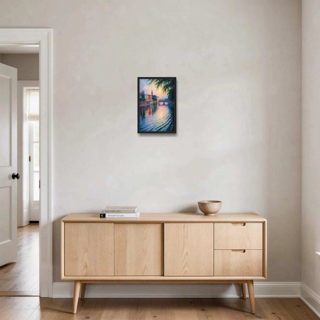 Adige River Reflections - Black Framed Canvas Wall Art - Coffee Table - 12x18