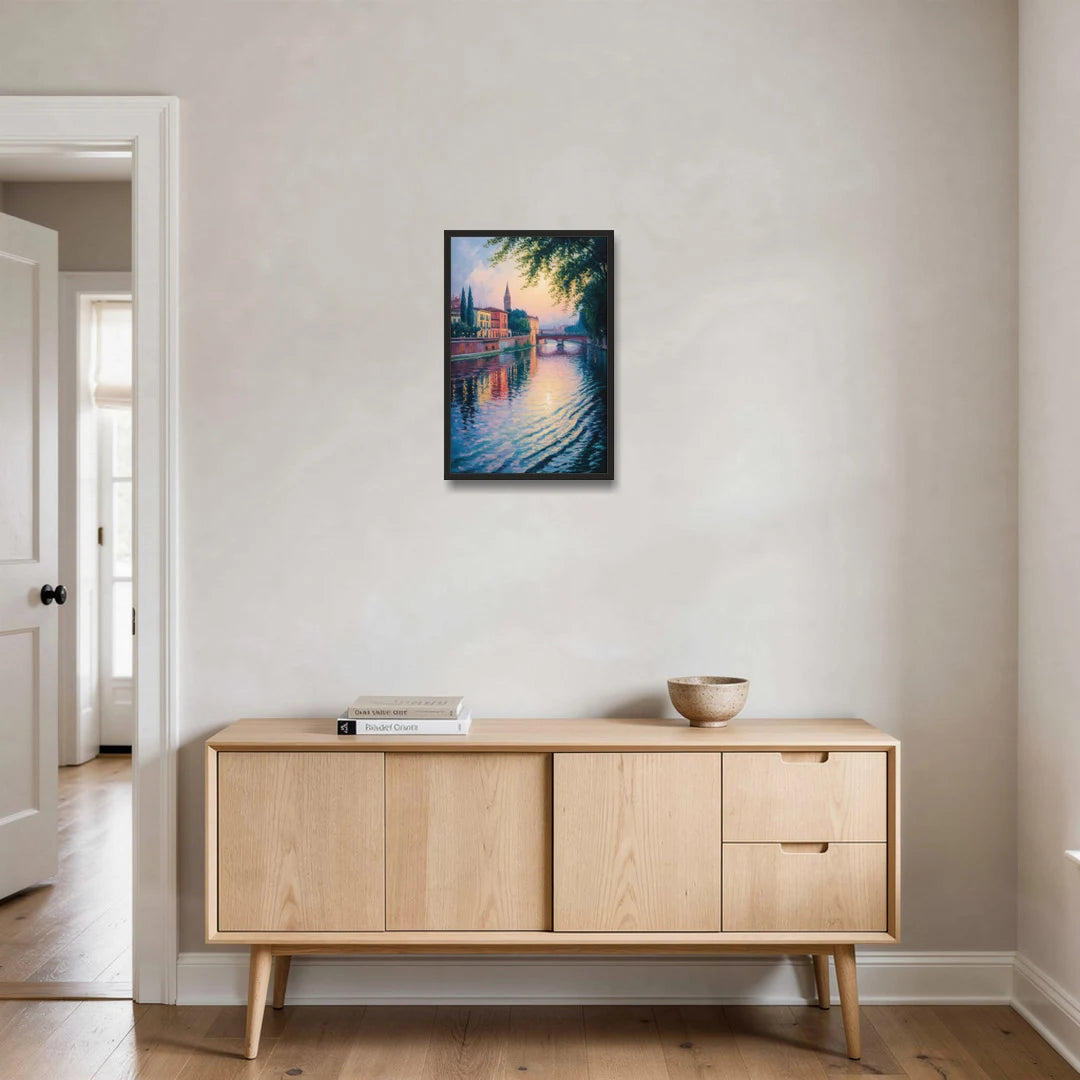 Adige River Reflections - Black Framed Canvas Wall Art - Coffee Table - 16x24