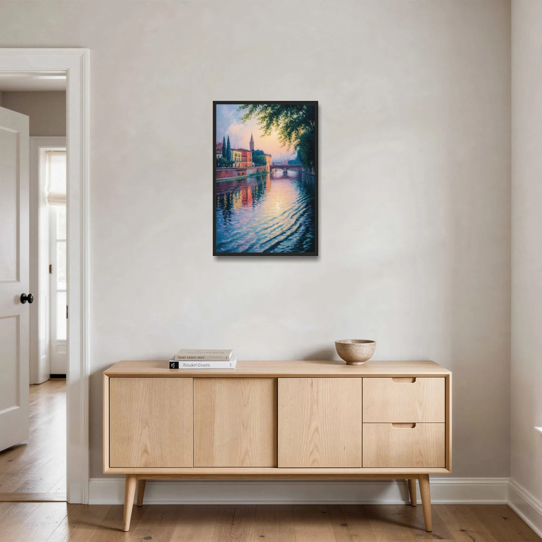 Adige River Reflections - Black Framed Canvas Wall Art - Coffee Table - 20x30