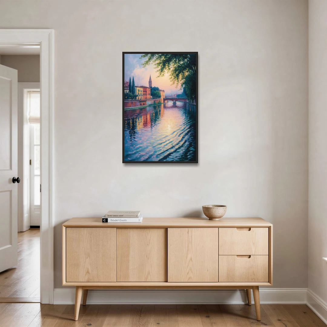 Adige River Reflections - Black Framed Canvas Wall Art - Coffee Table - 24x36