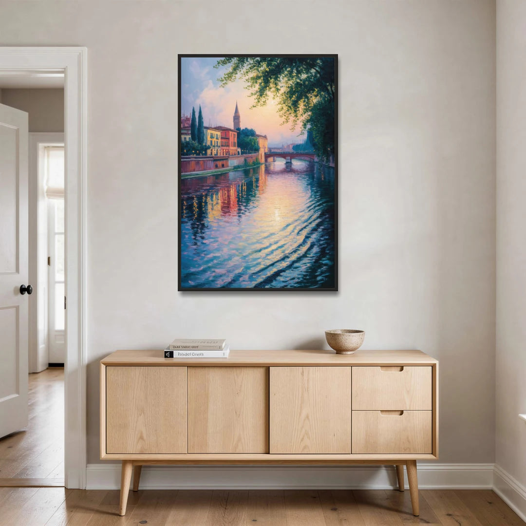 Adige River Reflections - Black Framed Canvas Wall Art - Coffee Table - 32x48