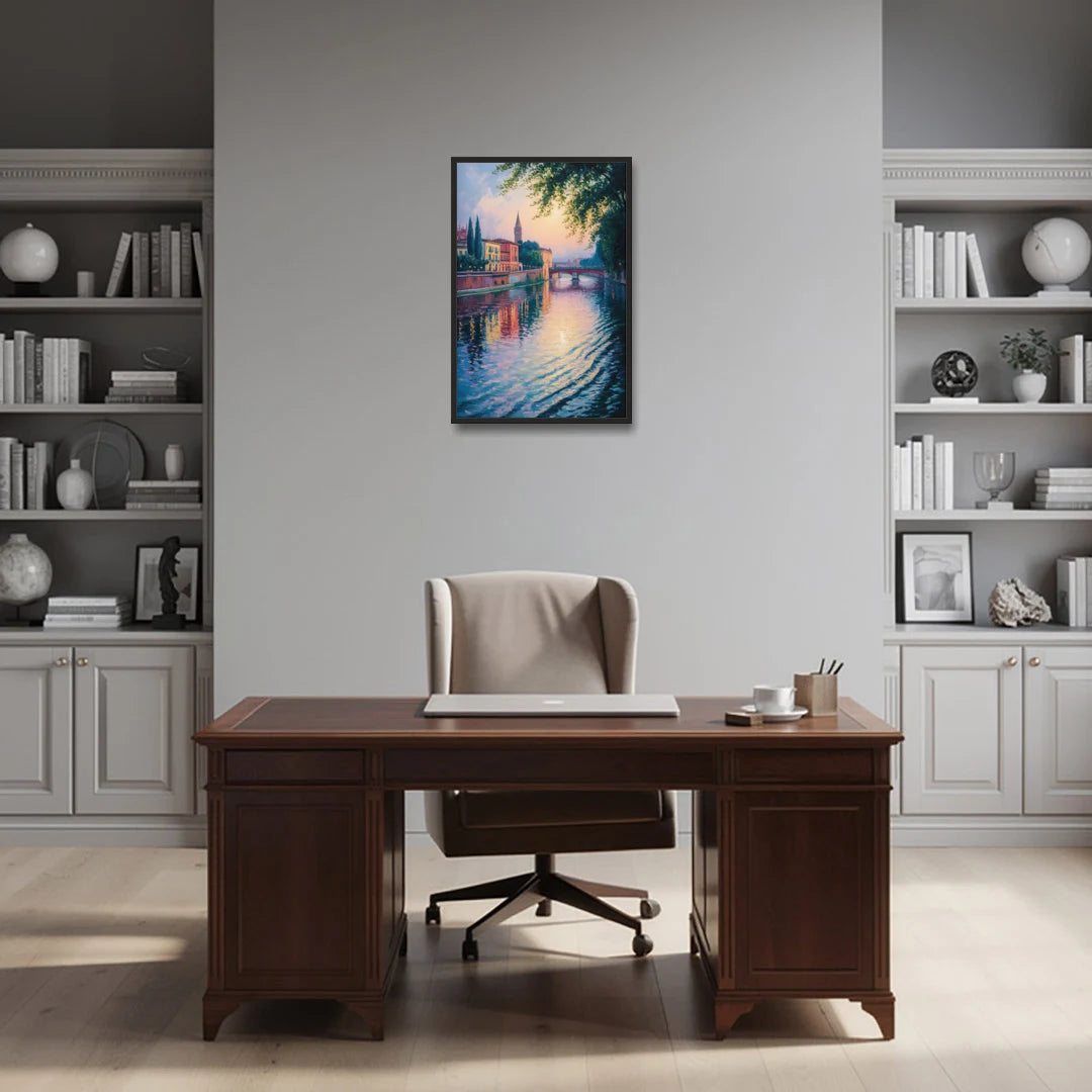 Adige River Reflections - Black Framed Canvas Wall Art - Office - 20x30