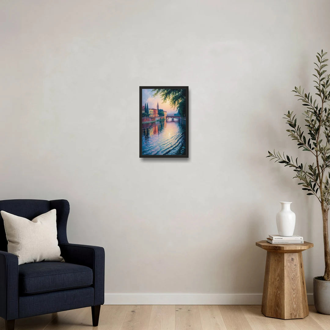 Adige River Reflections - Black Framed Canvas Wall Art - Sofa - 12x18