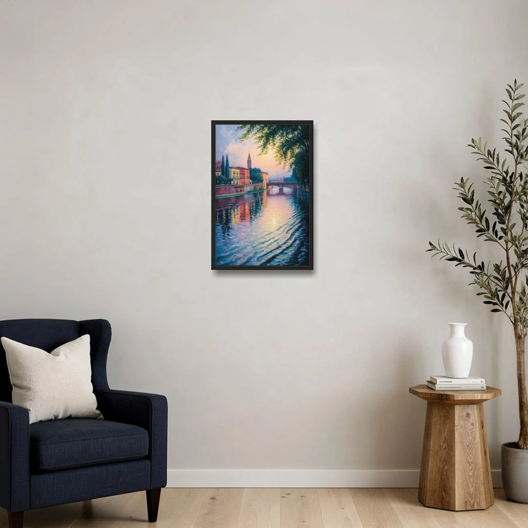 Adige River Reflections - Black Framed Canvas Wall Art - Sofa - 16x24