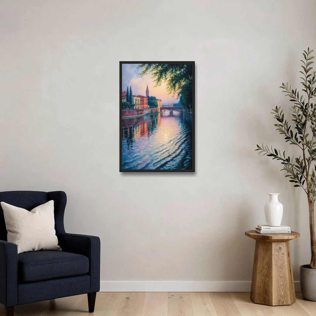 Adige River Reflections - Black Framed Canvas Wall Art - Sofa - 20x30
