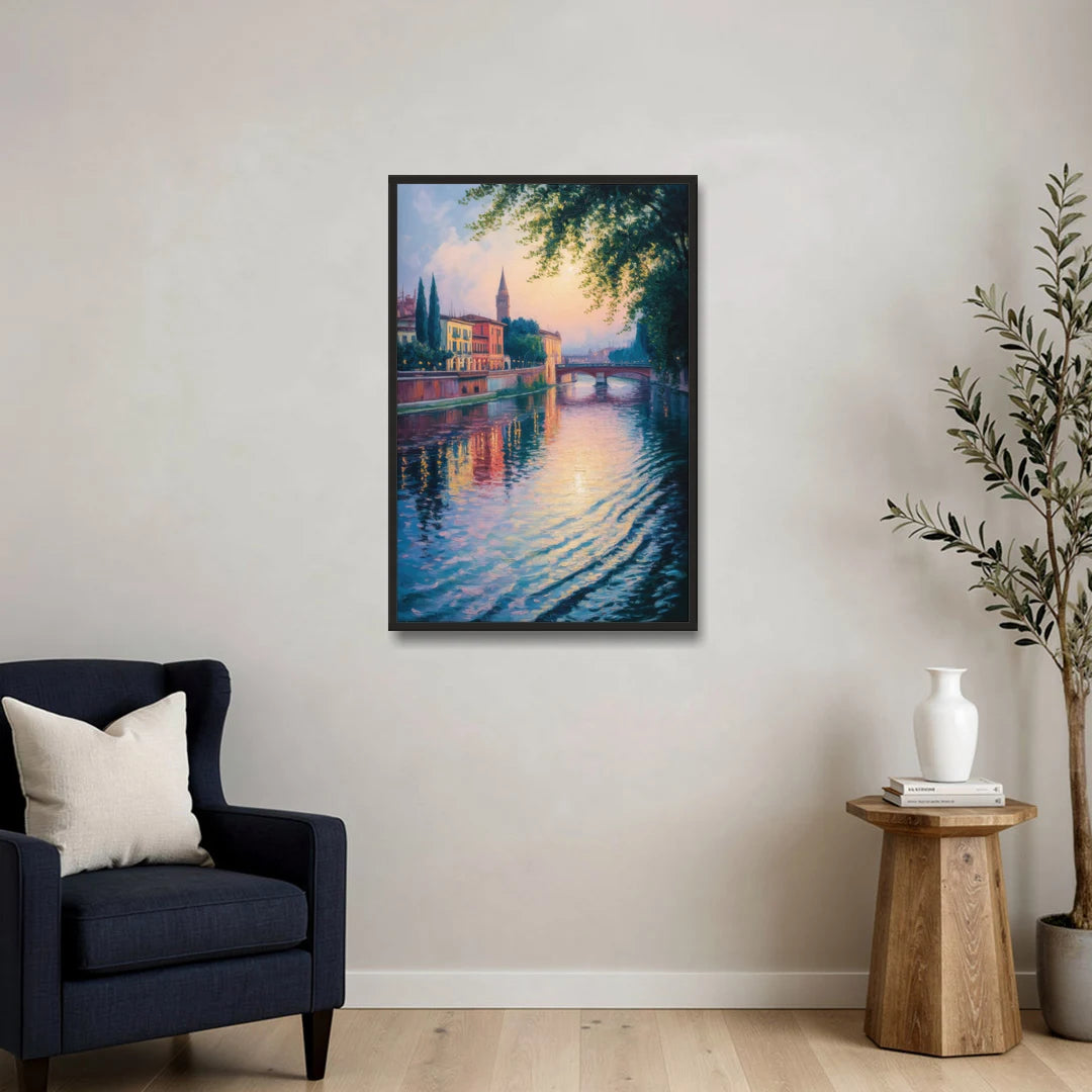 Adige River Reflections - Black Framed Canvas Wall Art - Sofa - 24x36