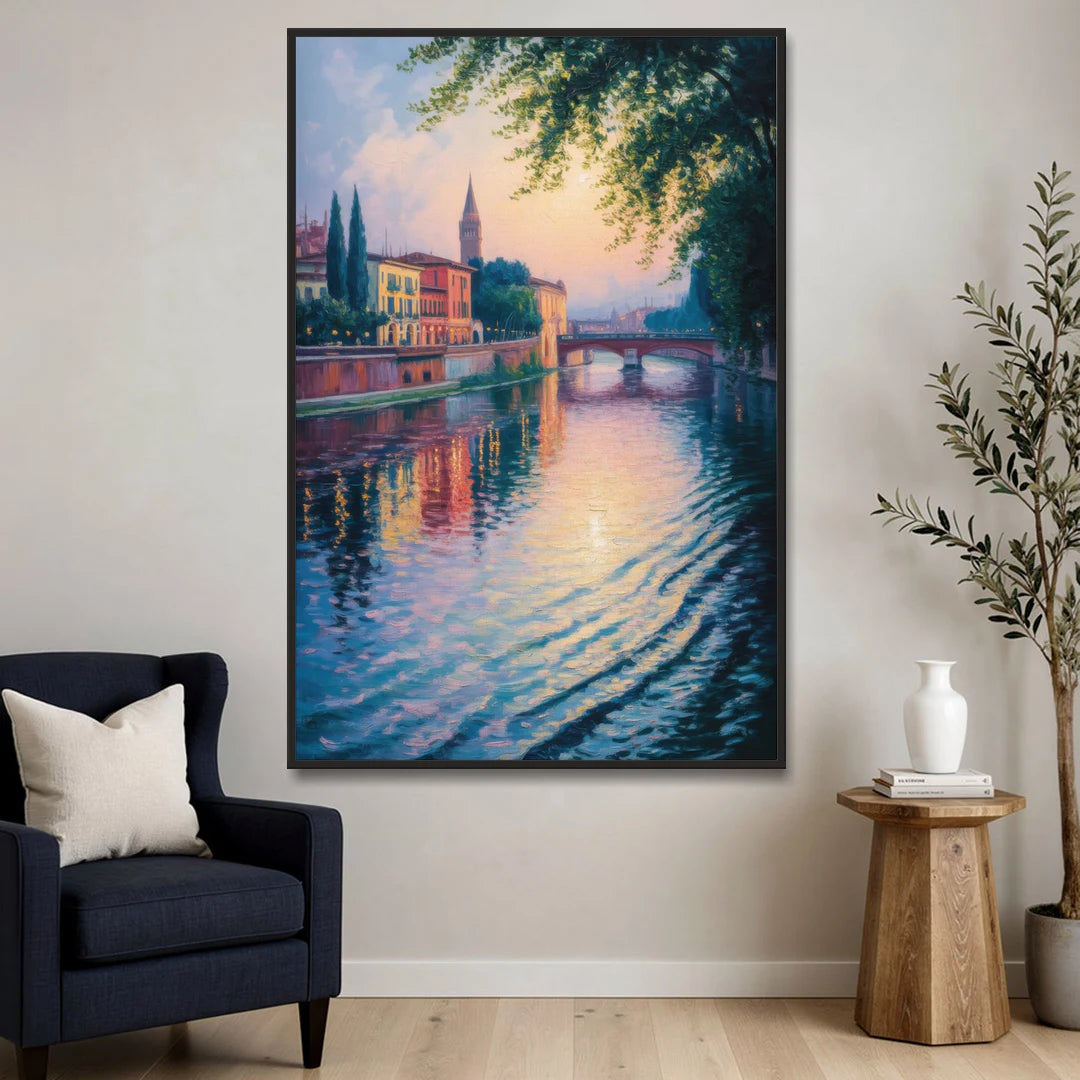 Adige River Reflections - Black Framed Canvas Wall Art - Sofa - 40x60