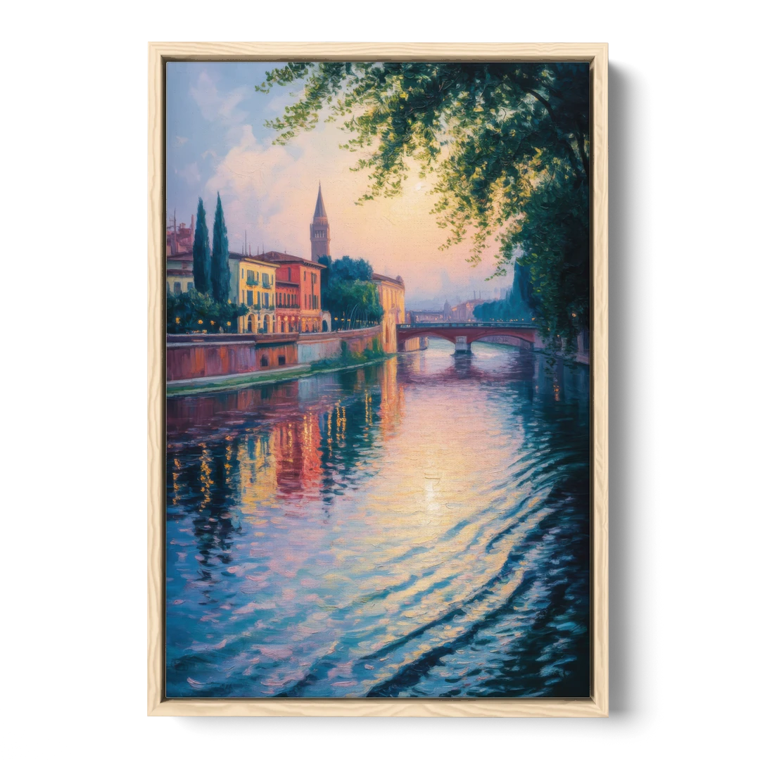 Adige River Reflections - Oak Framed Canvas Wall Art - Front