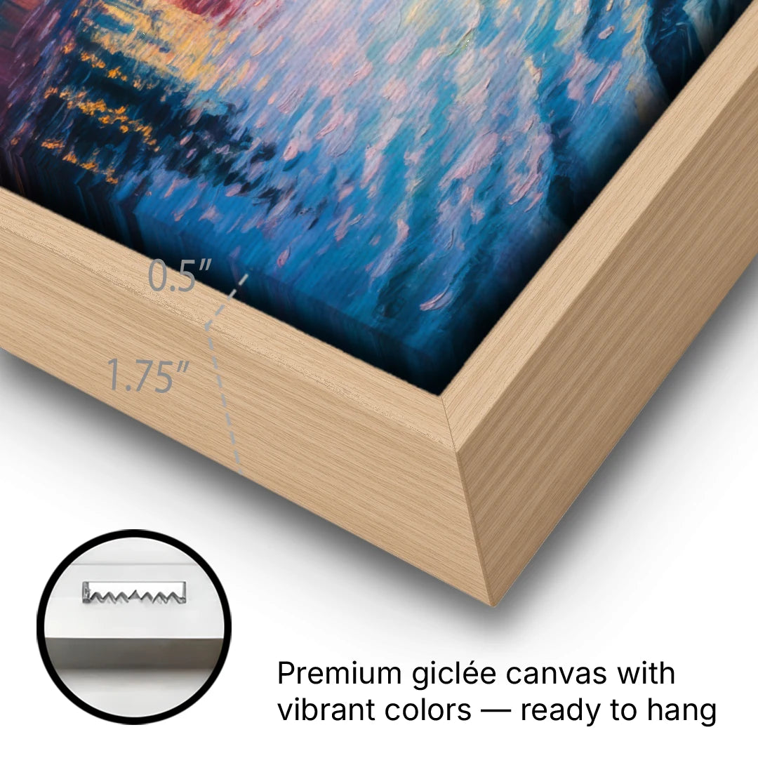Adige River Reflections - Oak Framed Canvas Wall Art - Gallery Wrap Corner
