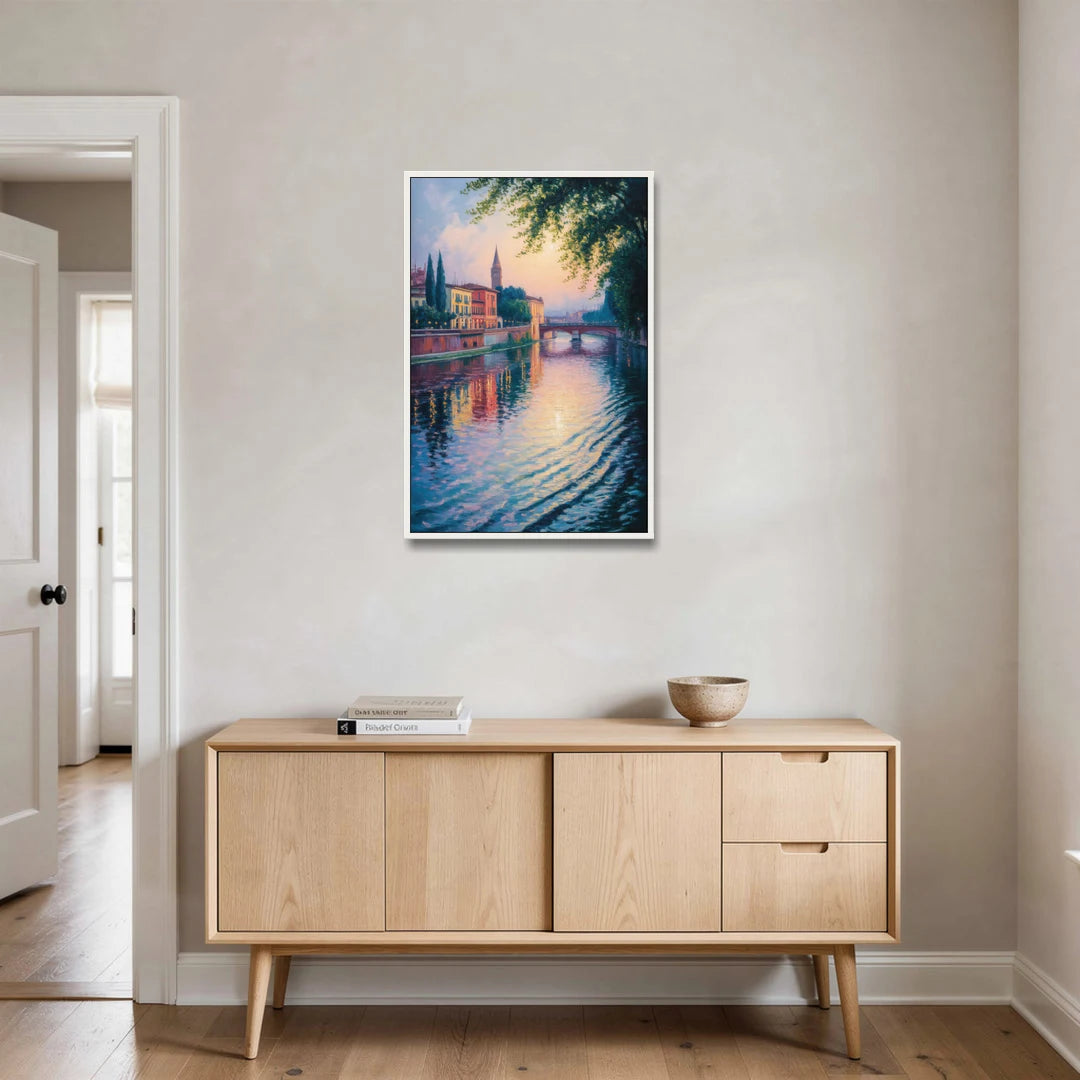 Adige River Reflections - White Framed Canvas Wall Art - Coffee Table - 24x36
