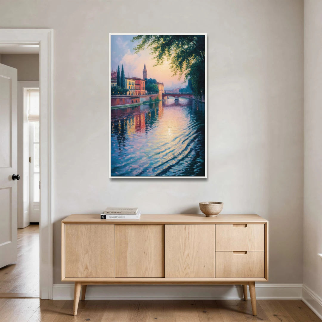Adige River Reflections - White Framed Canvas Wall Art - Coffee Table - 32x48