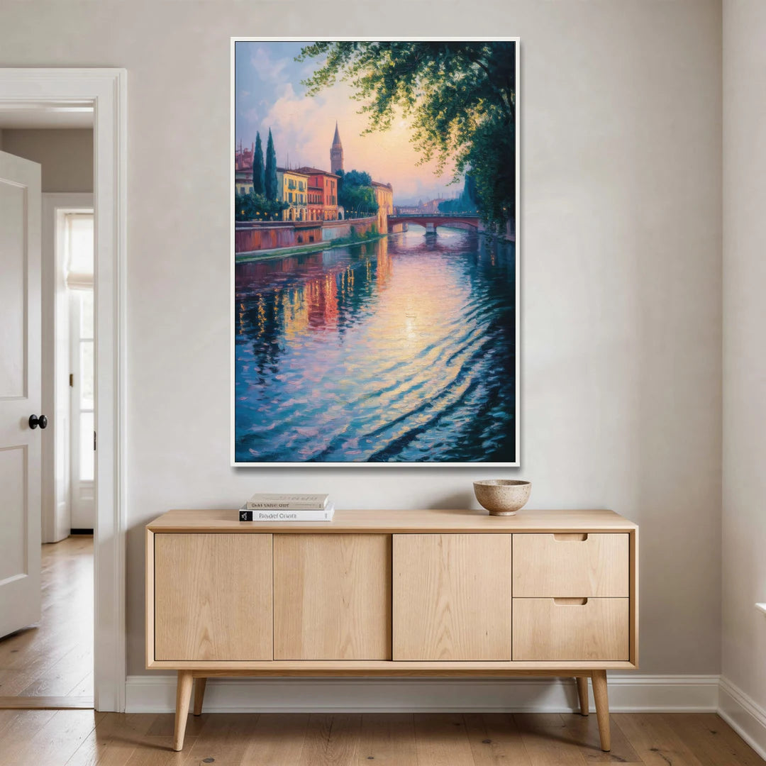 Adige River Reflections - White Framed Canvas Wall Art - Coffee Table - 40x60