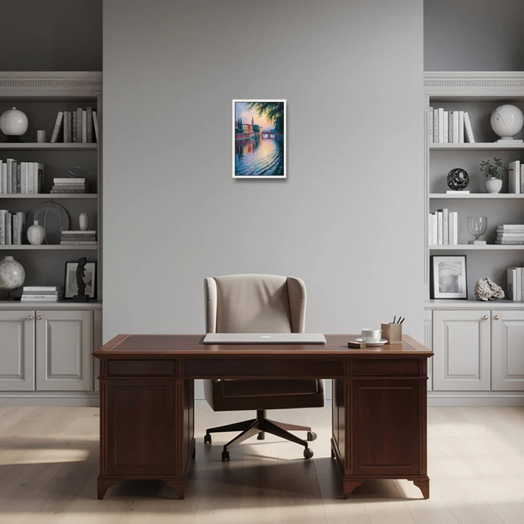 Adige River Reflections - White Framed Canvas Wall Art - Office - 12x18