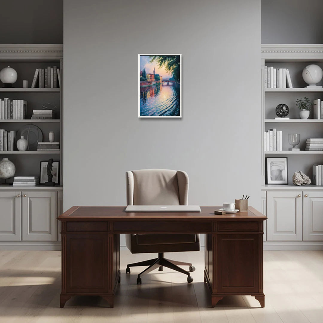 Adige River Reflections - White Framed Canvas Wall Art - Office - 16x24
