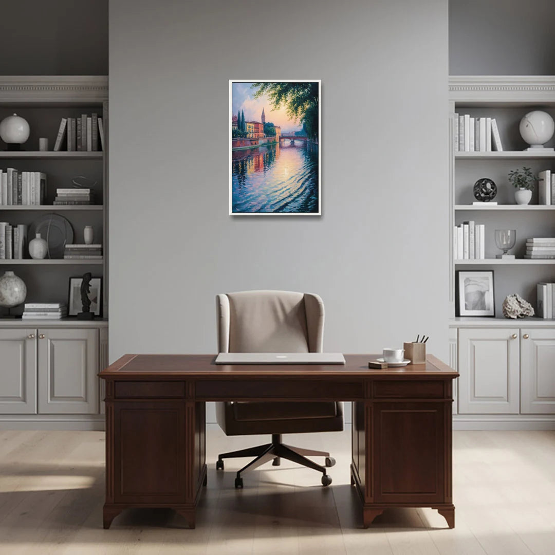 Adige River Reflections - White Framed Canvas Wall Art - Office - 20x30