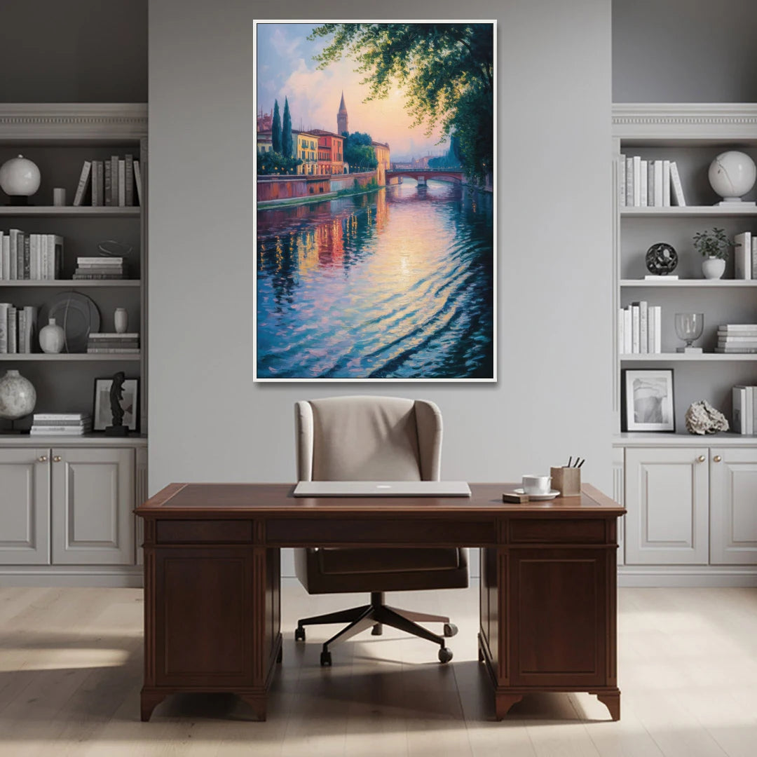 Adige River Reflections - White Framed Canvas Wall Art - Office - 40x60