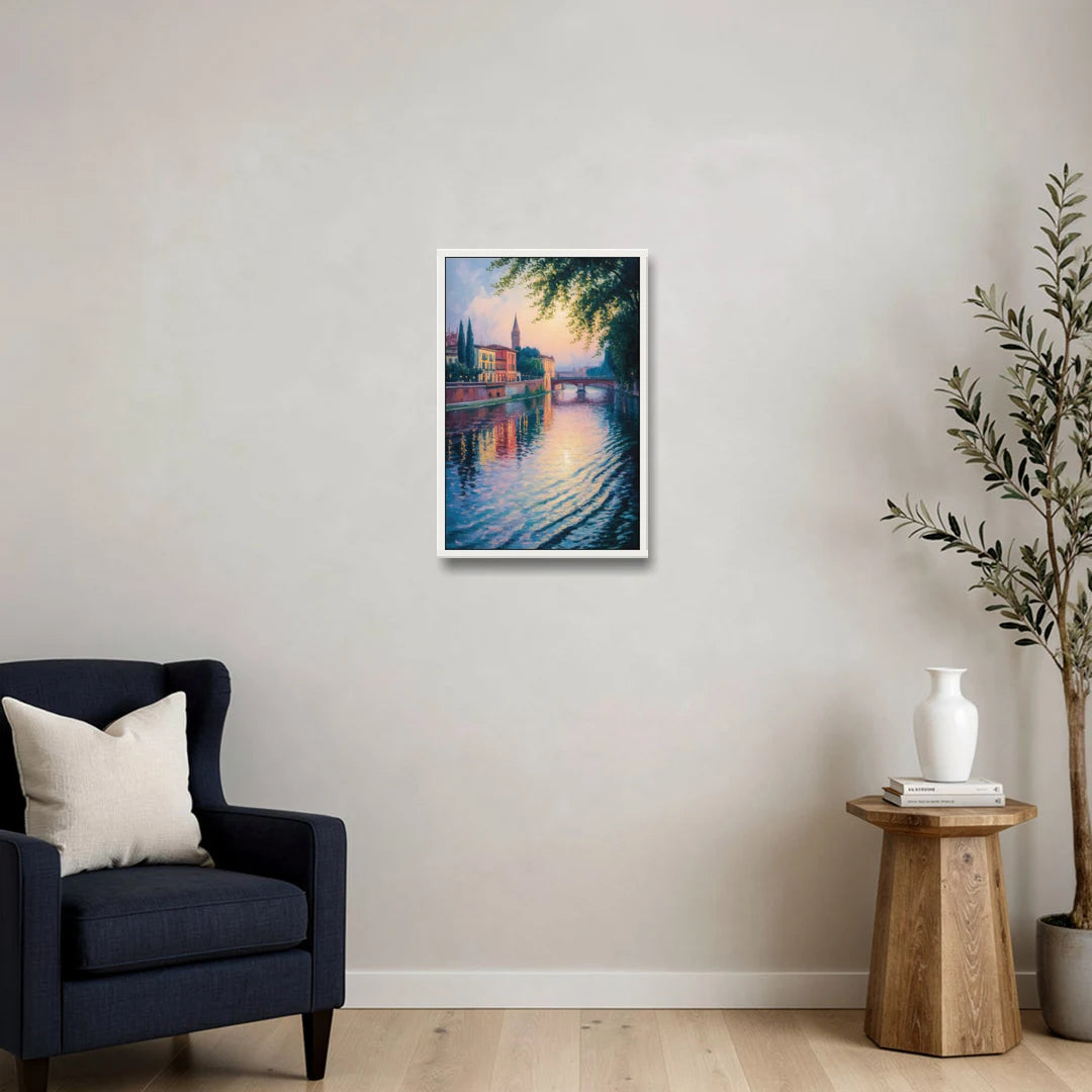 Adige River Reflections - White Framed Canvas Wall Art - Sofa - 16x24