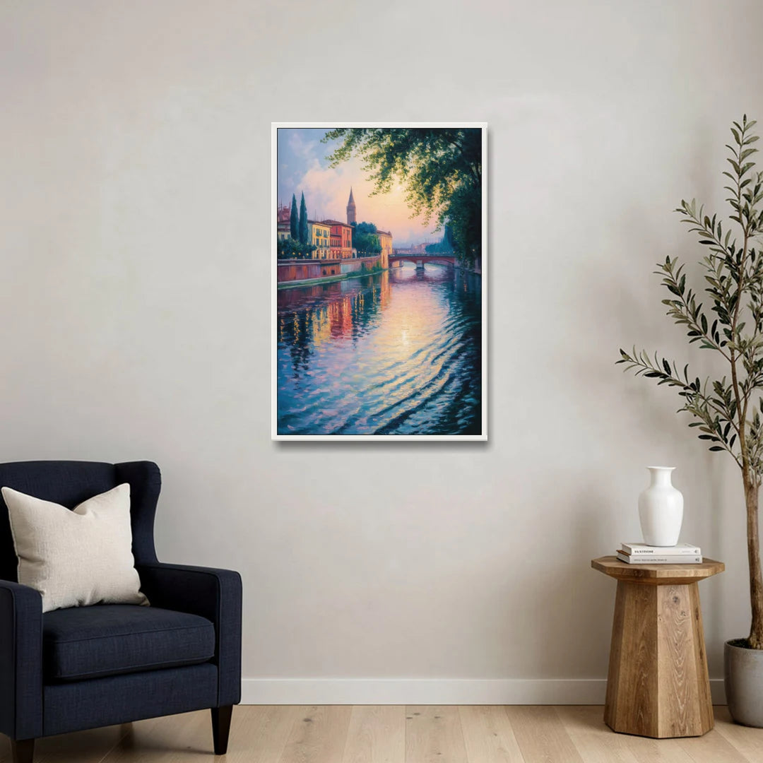 Adige River Reflections - White Framed Canvas Wall Art - Sofa - 24x36