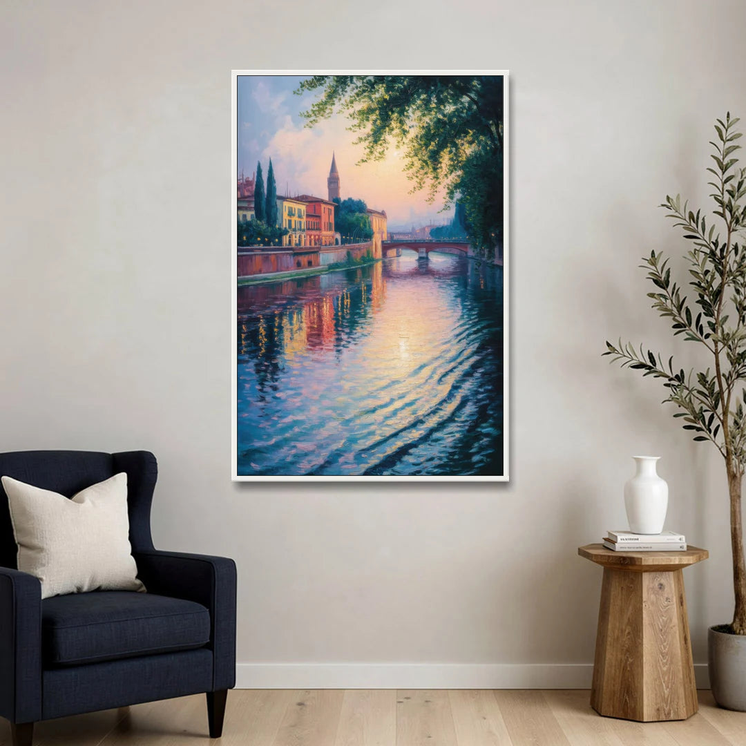Adige River Reflections - White Framed Canvas Wall Art - Sofa - 32x48