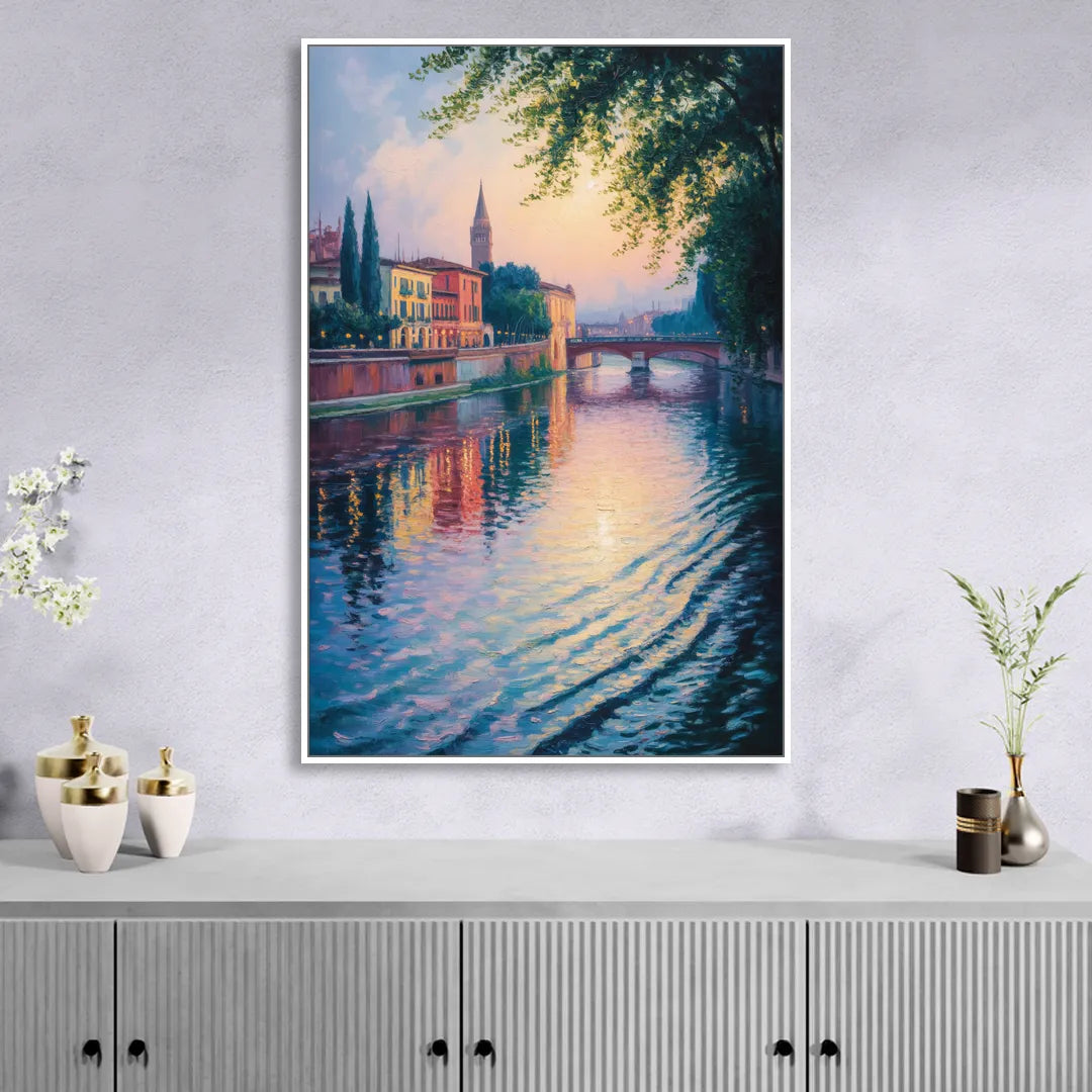 Adige River Reflections Living Room - White Canvas Wall Art