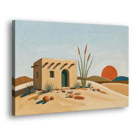 Adobe House Painting at Desert Sundown - Canvas Wall Art - Side