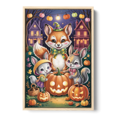 Adorable Animal TrickorTreat Cute Halloween - Oak Framed Canvas Wall Art - Front