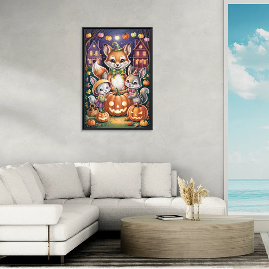 Adorable Animal TrickorTreat Cute Halloween - Living Room Black Frame Canvas
