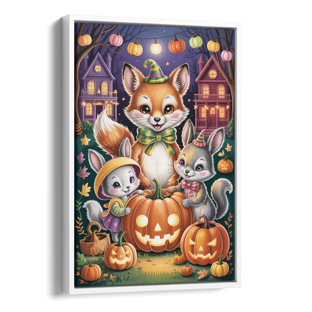 Adorable Animal TrickorTreat Cute Halloween Side - White Canvas Wall Art