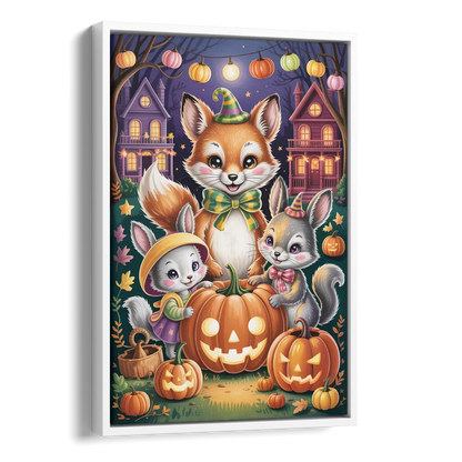 Adorable Animal TrickorTreat Cute Halloween Side - White Canvas Wall Art