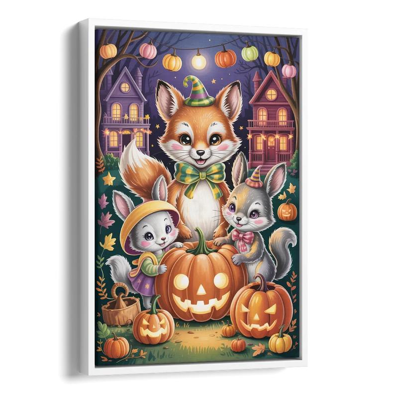Adorable Animal TrickorTreat Cute Halloween Side - White Canvas Wall Art