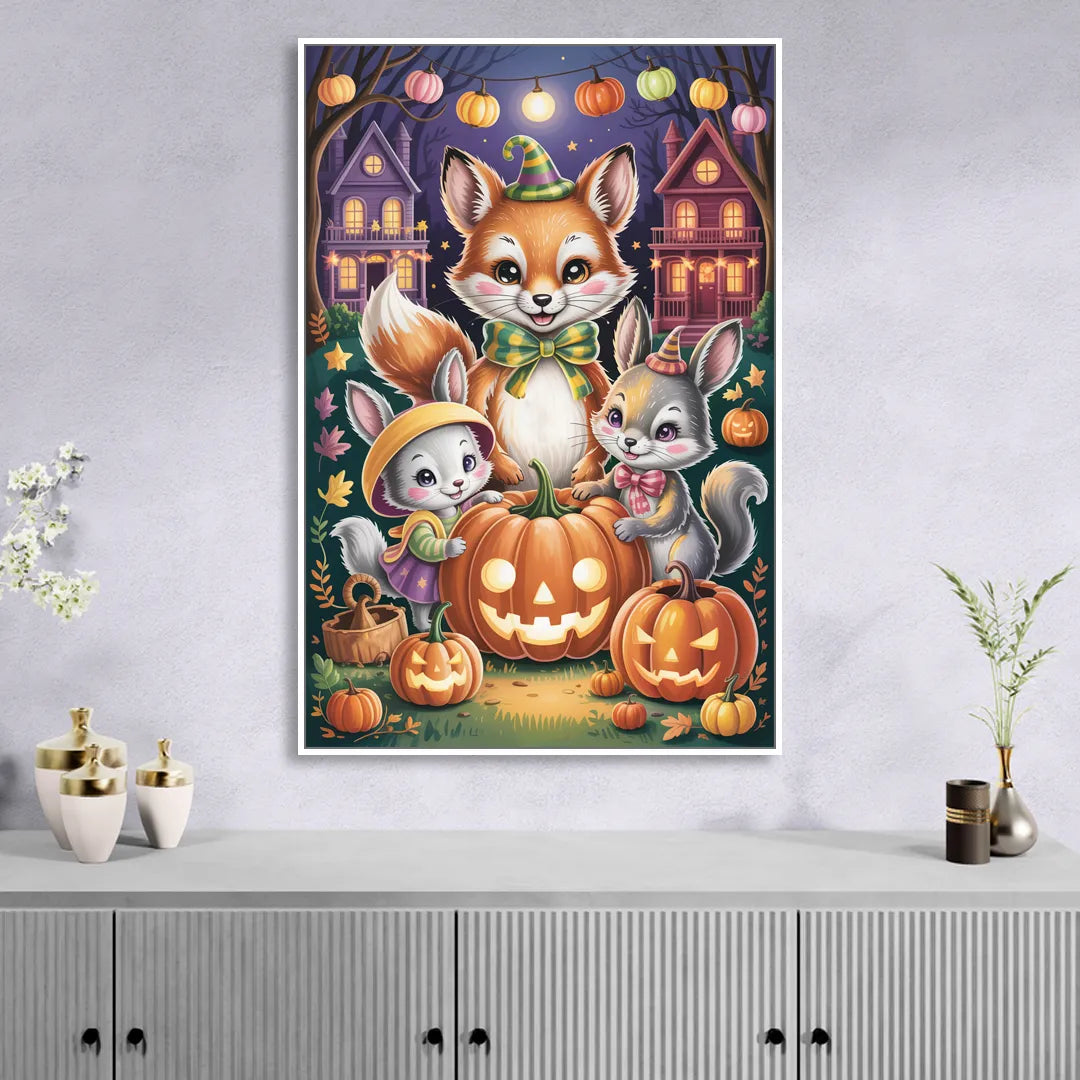Adorable Animal TrickorTreat Cute Halloween Sitting Room - White Canvas Wall Art