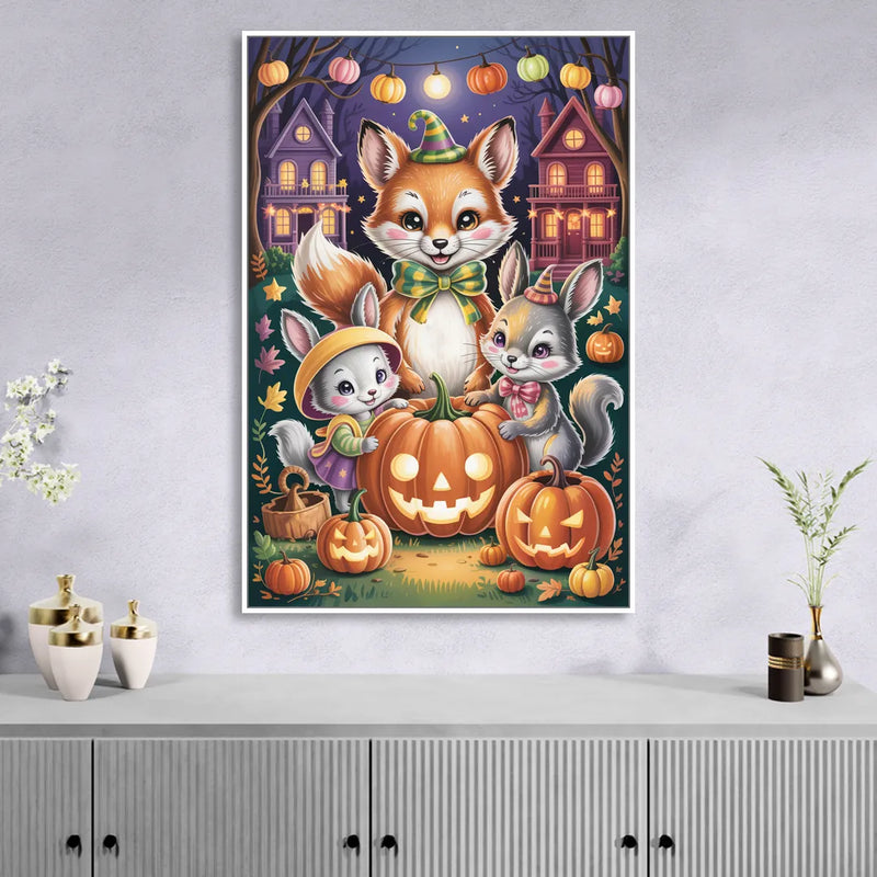 Adorable Animal TrickorTreat Cute Halloween Sitting Room - White Canvas Wall Art