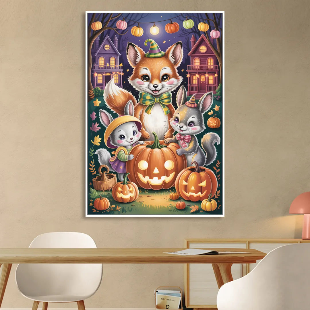 Adorable Animal TrickorTreat Cute Halloween Living Room - White Canvas Wall Art