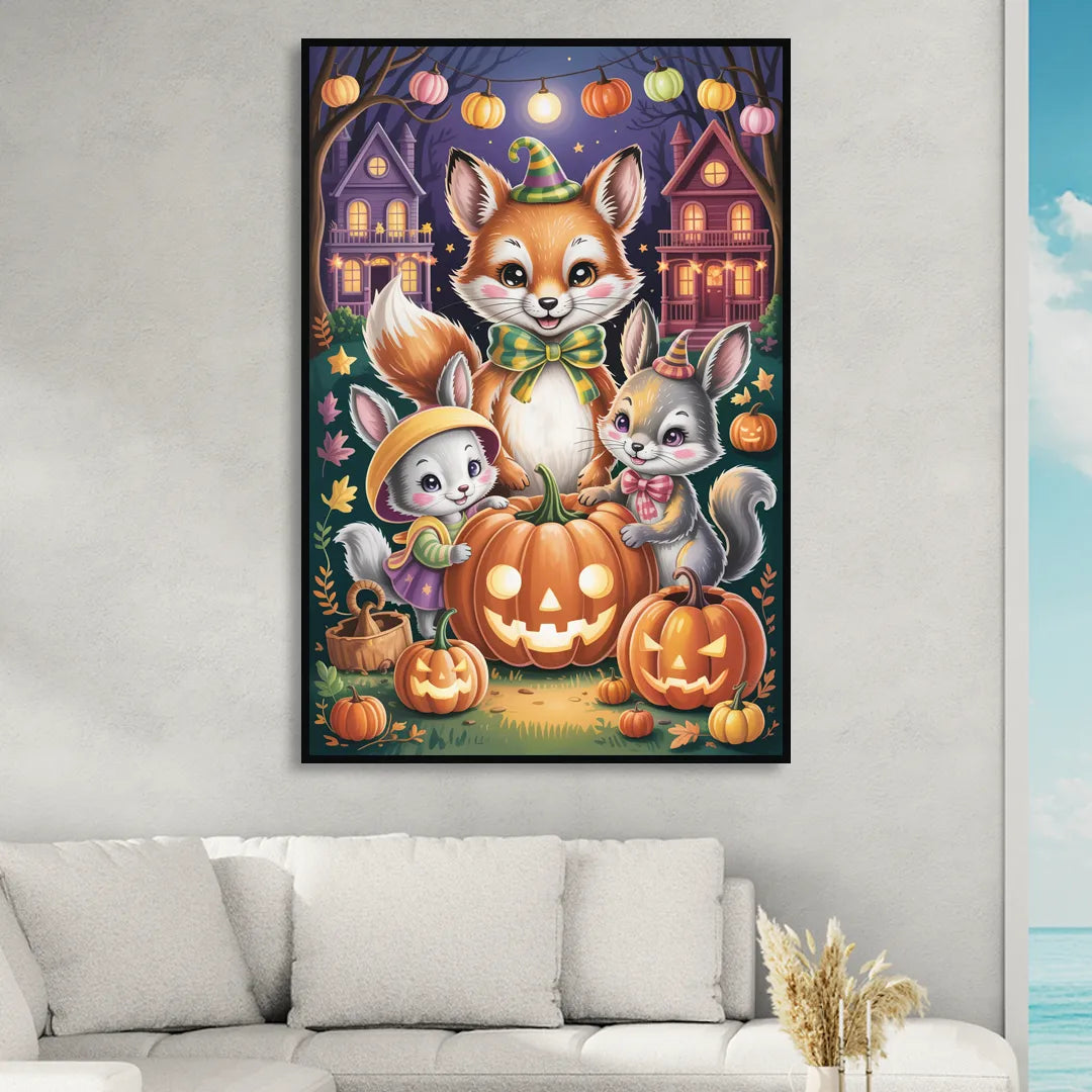Adorable Animal TrickorTreat Cute Halloween Living Room - Black Canvas Wall Art