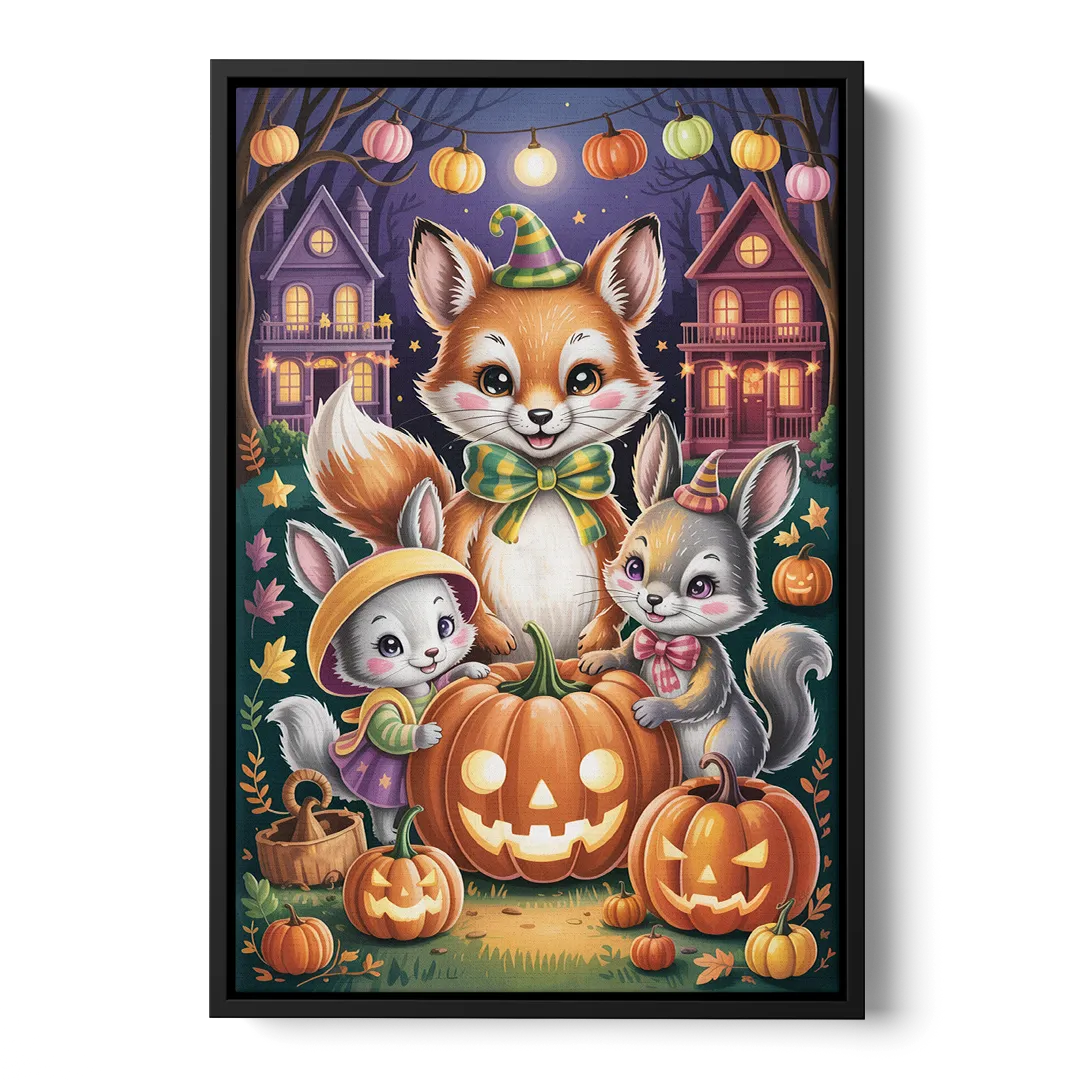 Adorable Animal TrickorTreat Cute Halloween Front - Black Canvas Wall Art