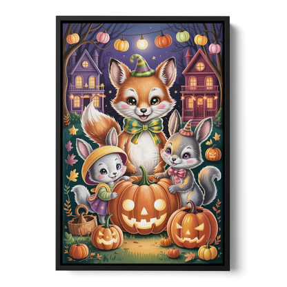 Adorable Animal TrickorTreat Cute Halloween Front - Black Canvas Wall Art