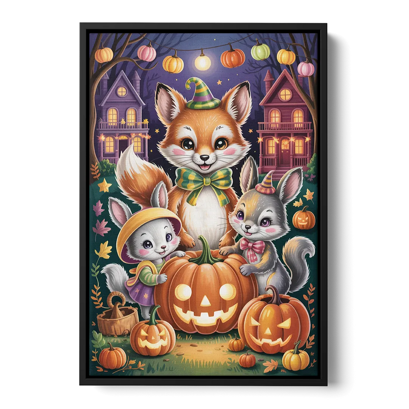 Adorable Animal TrickorTreat Cute Halloween Front - Black Canvas Wall Art