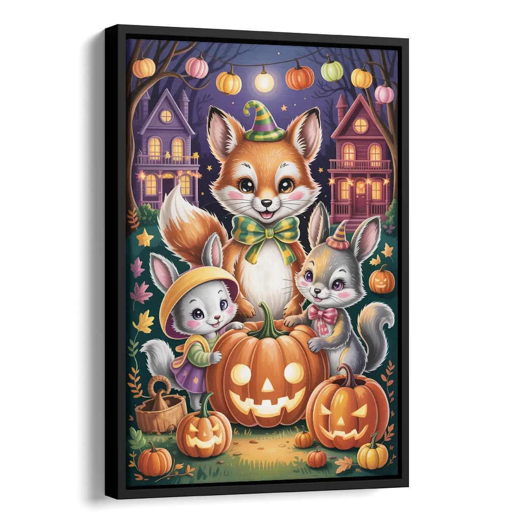 Adorable Animal TrickorTreat Cute Halloween Side - Black Canvas Wall Art