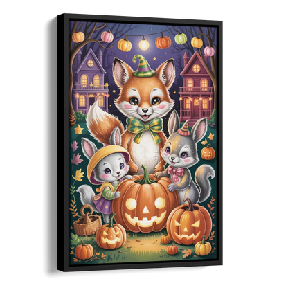 Adorable Animal TrickorTreat Cute Halloween Side - Black Canvas Wall Art